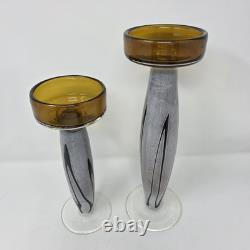 Amber Art Glass Pedestal Pillar Candle Holders MCM Vintage Set of 2