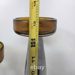Amber Art Glass Pedestal Pillar Candle Holders MCM Vintage Set of 2