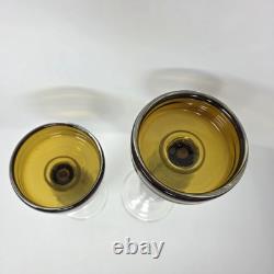 Amber Art Glass Pedestal Pillar Candle Holders MCM Vintage Set of 2