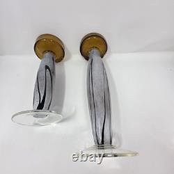 Amber Art Glass Pedestal Pillar Candle Holders MCM Vintage Set of 2