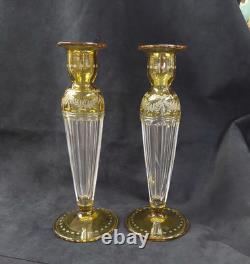 Amber Cut to Clear Tall Candlesticks Paneled Stems 10 Pair