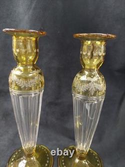 Amber Cut to Clear Tall Candlesticks Paneled Stems 10 Pair