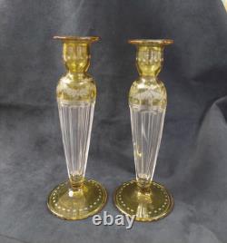 Amber Cut to Clear Tall Candlesticks Paneled Stems 10 Pair
