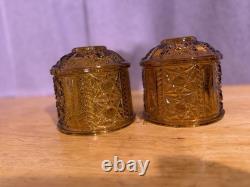 Amber Pressed Glass Geometric Candle Holders Pair, 4 in, Votive, Decorative