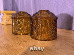 Amber Pressed Glass Geometric Candle Holders Pair, 4 in, Votive, Decorative