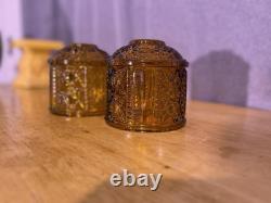 Amber Pressed Glass Geometric Candle Holders Pair, 4 in, Votive, Decorative