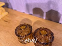 Amber Pressed Glass Geometric Candle Holders Pair, 4 in, Votive, Decorative