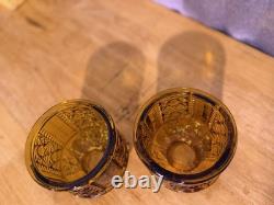 Amber Pressed Glass Geometric Candle Holders Pair, 4 in, Votive, Decorative