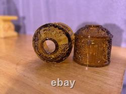 Amber Pressed Glass Geometric Candle Holders Pair, 4 in, Votive, Decorative