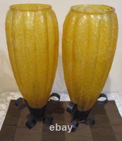 Amber Textured Ribbed Glass Candle Holders withMetal Base, 15.5 T, Home Decor