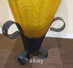 Amber Textured Ribbed Glass Candle Holders withMetal Base, 15.5 T, Home Decor