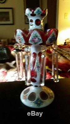 An exqusit pair of hand painted cranberry glass 2 pc. Antique candle holders