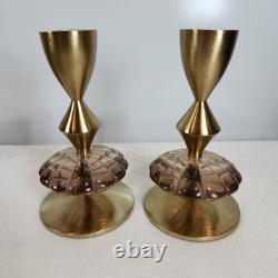 Anthropologie Solen Gold Metal Taper Candle Holders Modern Cut Glass Set of 2