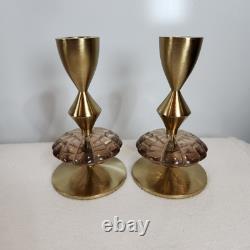 Anthropologie Solen Gold Metal Taper Candle Holders Modern Cut Glass Set of 2