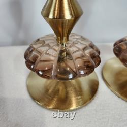Anthropologie Solen Gold Metal Taper Candle Holders Modern Cut Glass Set of 2
