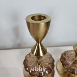 Anthropologie Solen Gold Metal Taper Candle Holders Modern Cut Glass Set of 2