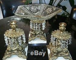 Antique 1800's Brass & Crystal Prisms Cut Glass Dish & Candle Holders