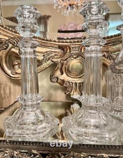 Antique 1900 Val St Lambert Belgium Pair Tall Glass Candle Holders Clear Crystal