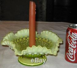 Antique 1940 Fenton Hobnail Vaseline Topaz Art Glass Candle Stick Holder Bowl