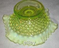 Antique 1940 Fenton Hobnail Vaseline Topaz Art Glass Candle Stick Holder Bowl