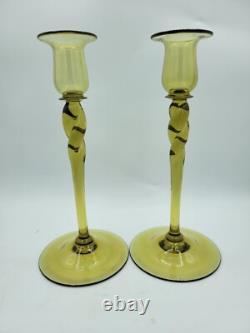 Antique (2) Steuben Art Glass Amber Yellow Green 10 Twist Candlesticks 2#