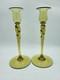 Antique (2) Steuben Art Glass Amber Yellow Green 10 Twist Candlesticks 2#