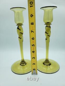 Antique (2) Steuben Art Glass Amber Yellow Green 10 Twist Candlesticks 2#