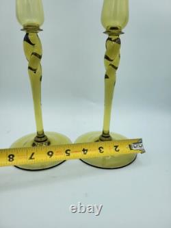 Antique (2) Steuben Art Glass Amber Yellow Green 10 Twist Candlesticks 2#