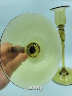 Antique (2) Steuben Art Glass Amber Yellow Green 10 Twist Candlesticks 2#