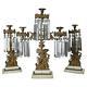 Antique 3-piece Early Bronze, Marble And Crystal Girandole Set Colonial Scene