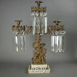 Antique 3-Piece Early Bronze, Marble and Crystal Girandole Set Colonial Scene