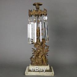 Antique 3-Piece Early Bronze, Marble and Crystal Girandole Set Colonial Scene