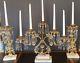 Antique 3-piece Unusual 5 Arm Extension Marble And Crystal Girandole Set