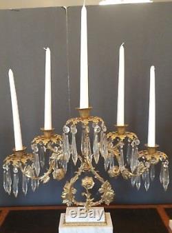 Antique 3-Piece Unusual 5 Arm Extension Marble and Crystal Girandole Set