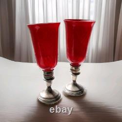 Antique ALVIN Weighted Sterling Silver Candle Holders & Cranberry Glass Globes