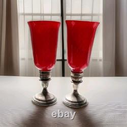 Antique ALVIN Weighted Sterling Silver Candle Holders & Cranberry Glass Globes