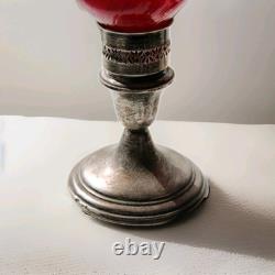 Antique ALVIN Weighted Sterling Silver Candle Holders & Cranberry Glass Globes