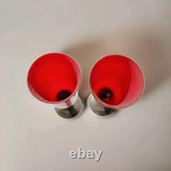 Antique ALVIN Weighted Sterling Silver Candle Holders & Cranberry Glass Globes