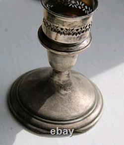 Antique ALVIN Weighted Sterling Silver Candle Holders & Cranberry Glass Globes