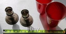 Antique ALVIN Weighted Sterling Silver Candle Holders & Cranberry Glass Globes