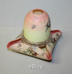Antique Acid Burmese Art Glass Prunus Floral Decorated Fairy Lamp with candle