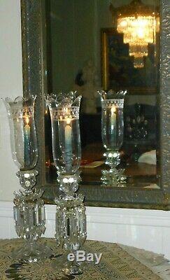 Antique Baccarat Crystal Candlesticks Candelabra Mantle Lusters with Hurricanes