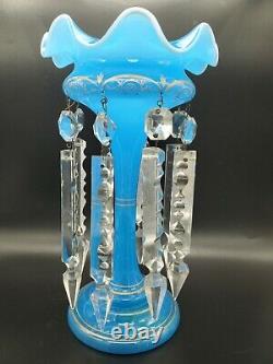 Antique Blue Opaline Luster Victorian Mantle Candle Crystal Handblown Glass 1800