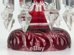 Antique Bohemian Cranberry Glass Luster Lustre Pair Mantle Prisms Candle Lamp