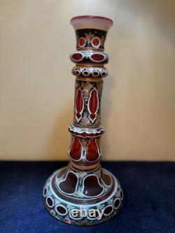 Antique Bohemian Cranberry Overlay Glass Candlestick Moser