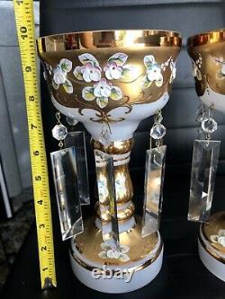 Antique Bohemian Czech Moser White Glass 2 Candle Holder With Prism Crystals