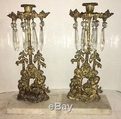 Antique Brass Candelabra Girandole Candle Holder Gold Coal Miners Glass Prisms