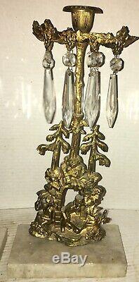 Antique Brass Candelabra Girandole Candle Holder Gold Coal Miners Glass Prisms