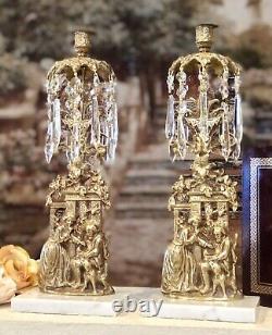 Antique Brass Girandoles Hanging Crystals Pair Woman, Man and Dog White Stone