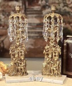 Antique Brass Girandoles Hanging Crystals Pair Woman, Man and Dog White Stone